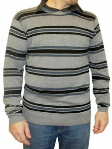 Grey & Black Multi Striped Cotton Rich Jumper