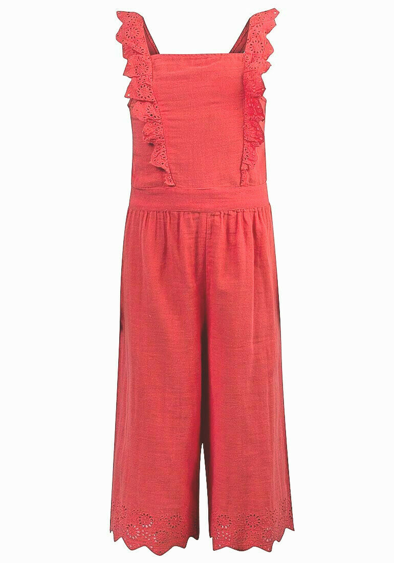 Girls Coral Cotton Lace Frill Trim Sleeveless Jumpsuit.