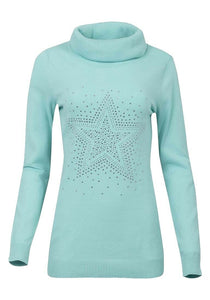 Mint Roll Neck Ribbed Knitted Star Embellished Jumper