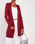 Ladies Wine Long Line Open Front Soft Knit Shawl Collar Pocket Cardigan
