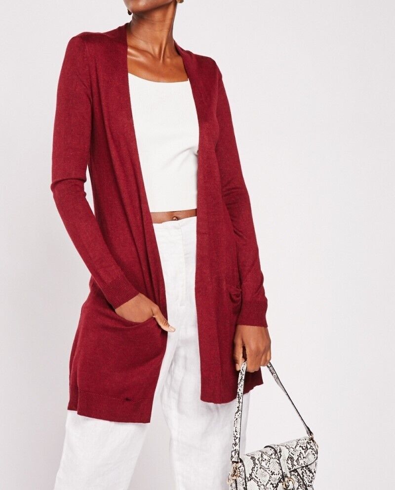 Ladies Wine Long Line Open Front Soft Knit Shawl Collar Pocket Cardigan