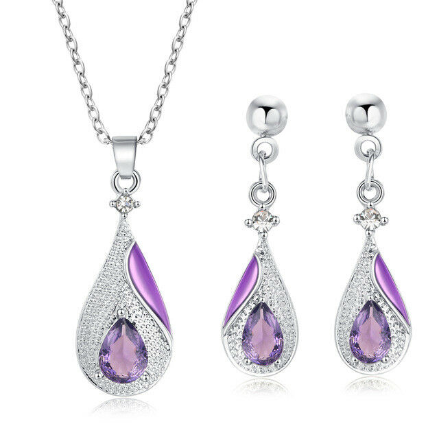 Purple Water Drop Crystal Silver Earring & Necklace set