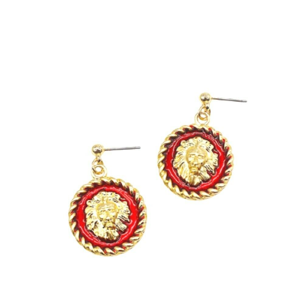 Retro Lion Head Round Medusa Medallion Red Enamel Dangling Earrings