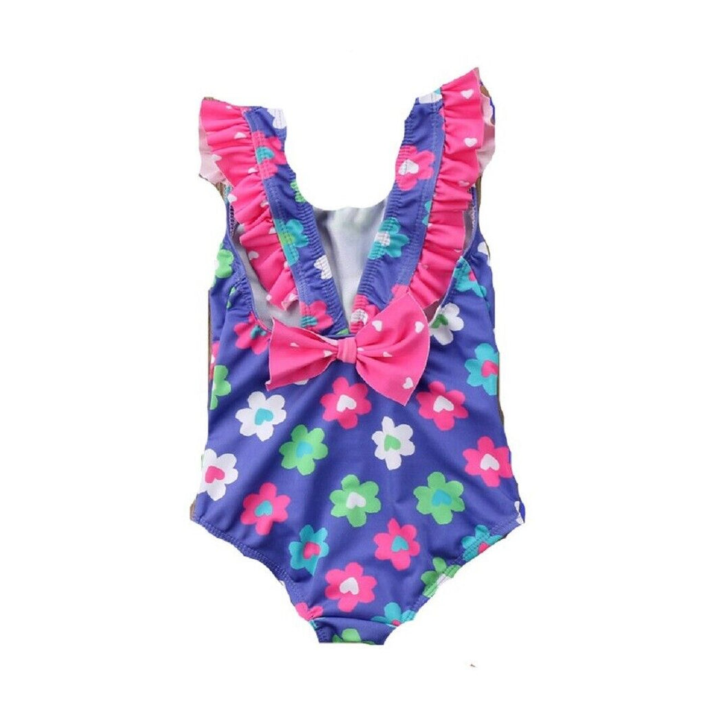 Girls Blue Multi Floral Frill Bow Back All In One Swimming Costume