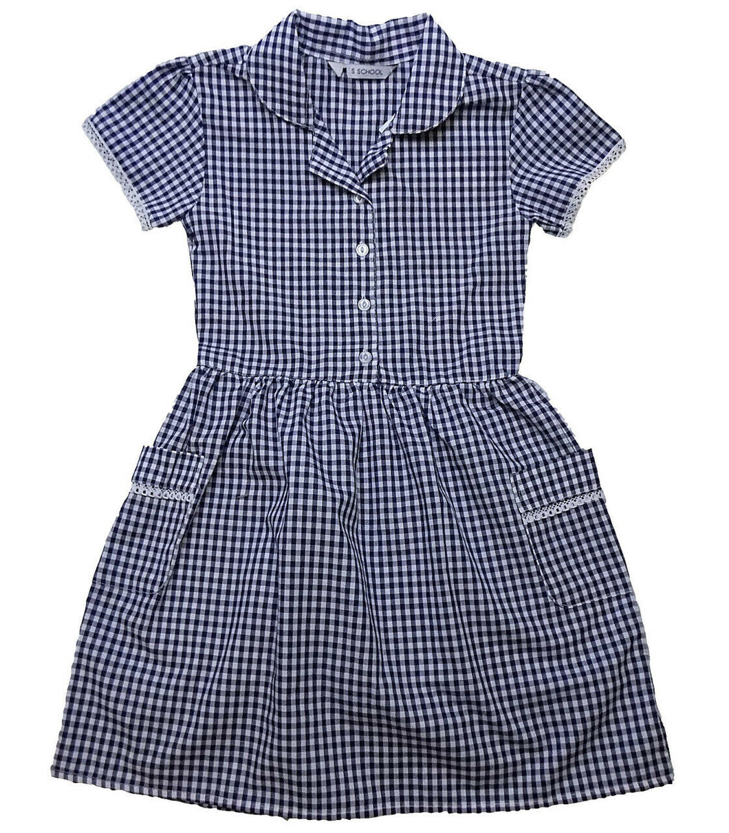 Navy Lace Trim Plain Collared Pocket Gingham