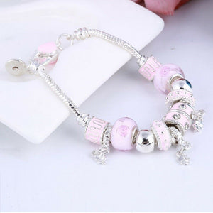 Silver & Pink Charms Beads Crystal Pandora Style Bracelets