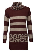 Wine & Brown Multi Stripe Leopard Print Turtle Neck Jumper