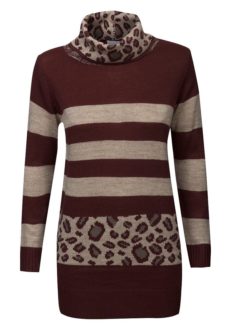 Wine & Brown Multi Stripe Leopard Print Turtle Neck Jumper