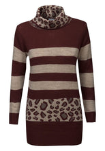 Load image into Gallery viewer, Wine &amp; Brown Multi Stripe Leopard Print Turtle Neck Jumper
