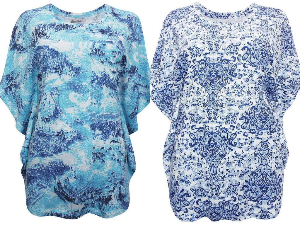 Blue/ Aqua Multi Paisley Printed Kaftan Short Sleeve Blouse