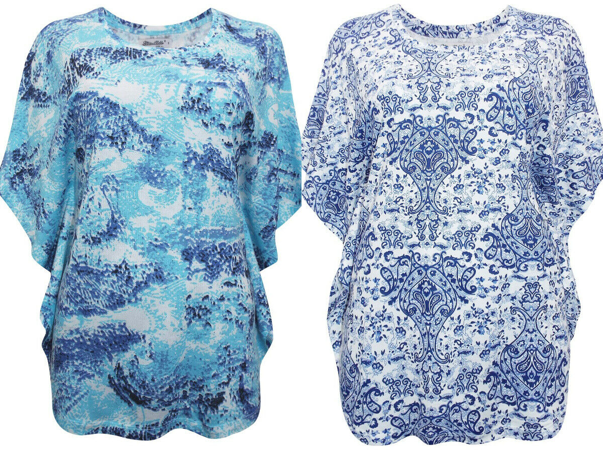 Blue/ Aqua Multi Paisley Printed Kaftan Short Sleeve Blouse