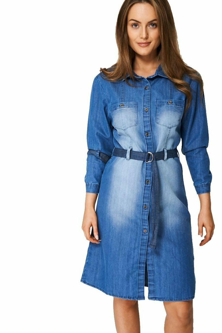 Blue Denim Collared Button Down Belted Dress
