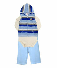 Load image into Gallery viewer, Blue &amp; Cream Striped Hooded 3Piece Romper
