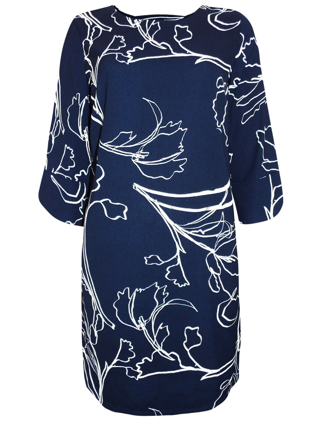 Ladies Navy & White Floral Print Keyhole Back 3/4 Sleeves Dress