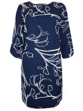 Ladies Navy & White Floral Print Keyhole Back 3/4 Sleeves Dress