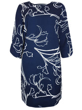 Load image into Gallery viewer, Ladies Navy &amp; White Floral Print Keyhole Back 3/4 Sleeves Dress
