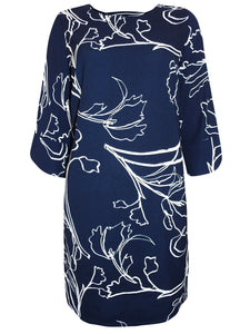 Ladies Navy & White Floral Print Keyhole Back 3/4 Sleeves Dress