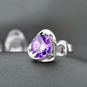 Sterling Silver Heart Purple Crystal Stud Earrings