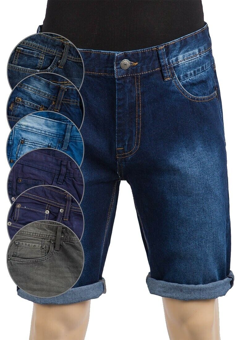 Mens Blue Denim Stretch Cotton Stitching Detail Roll Hem Summer Shorts