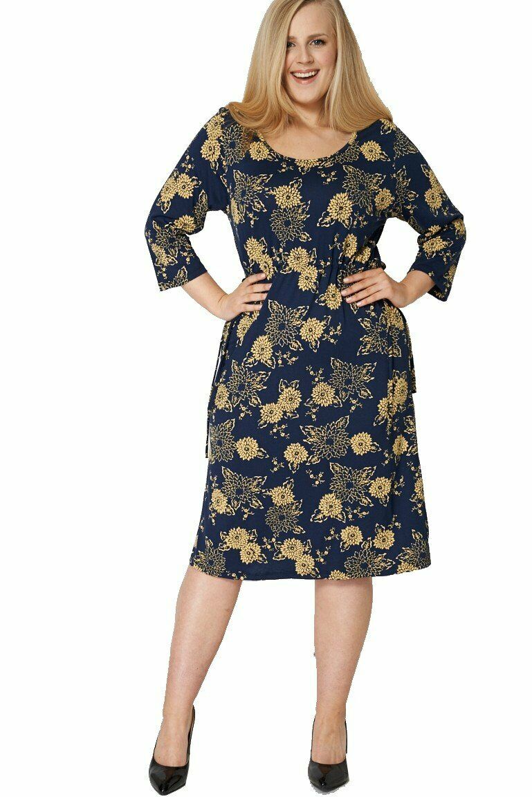 Navy & Yellow Belted Drawstring Waist 3/4 Sleeves Dress