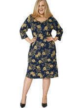 Load image into Gallery viewer, Navy &amp; Yellow Belted Drawstring Waist 3/4 Sleeves Dress
