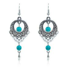 Load image into Gallery viewer, Ladies Boho Ethnic Tibetan Sterling Silver Turquoise Beads Long Hook Earrings
