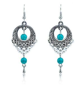Ladies Boho Ethnic Tibetan Sterling Silver Turquoise Beads Long Hook Earrings