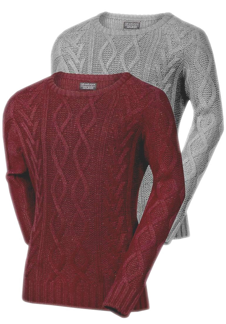 Grey & Wine Thick Cable Knit Long Sleeve Jumper