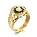 Mens Gold Filled Lion Head Medusa Black Cutout Rhinestone Signet Rings
