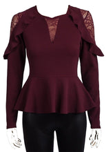 Load image into Gallery viewer, Burgundy Lace &amp; Frill Long Sleeve Stretchy Peplum Top
