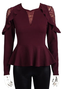 Burgundy Lace & Frill Long Sleeve Stretchy Peplum Top