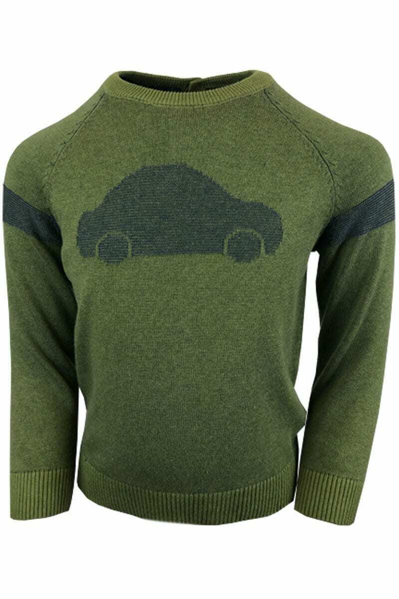 Boys Khaki Green Ribbed Cotton Knitted Car Jumper