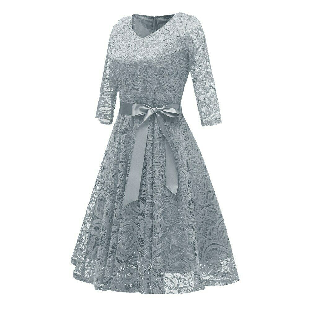 Grey Elegant Lace Crochet Swing 3/4 Sleeve Dress