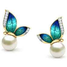 Load image into Gallery viewer, Ladies Green Blue Enamel Butterfly White Pearls Crystal Trim Stud Earring
