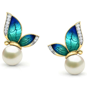 Ladies Green Blue Enamel Butterfly White Pearls Crystal Trim Stud Earring