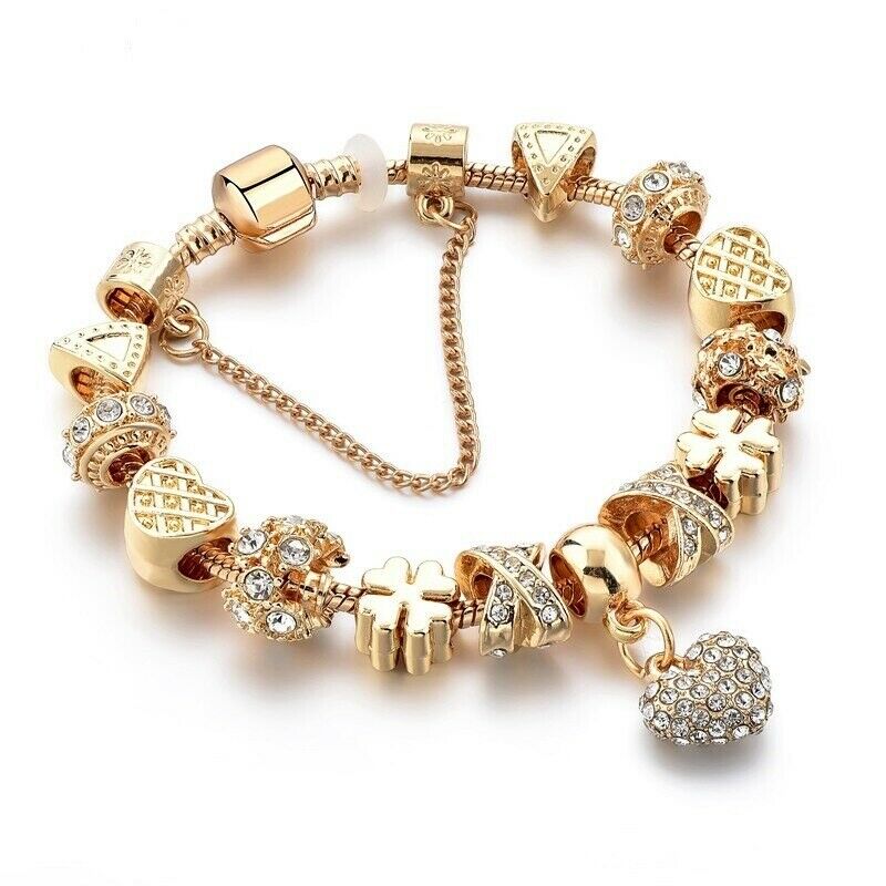 Gold Heart Love Charm & Stars Crystals Rope Chain Pandora Bracelet