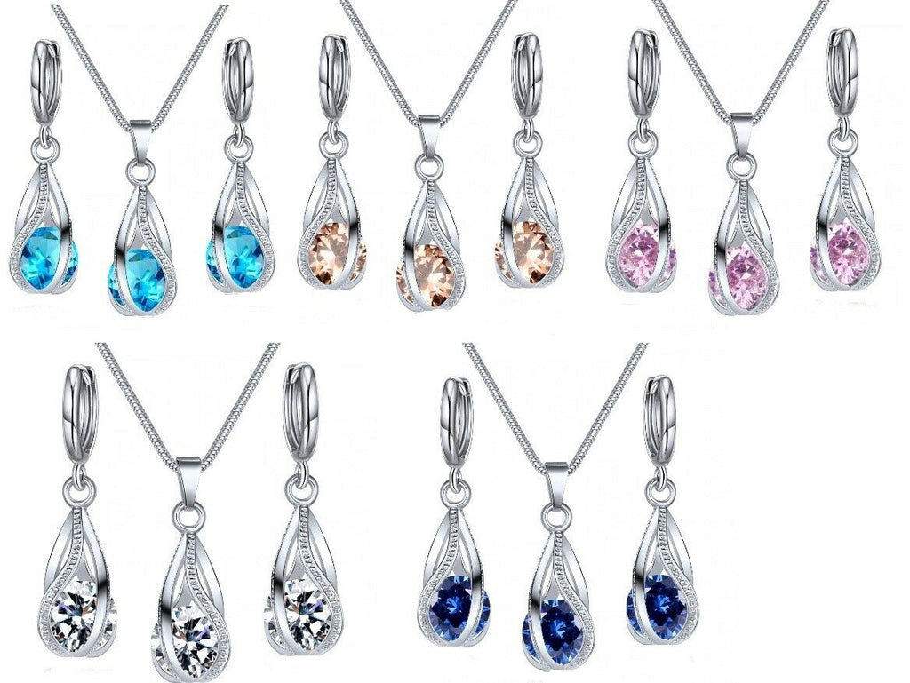Silver Twirl Ball Water Drop Crystal Earrings & Necklace Set