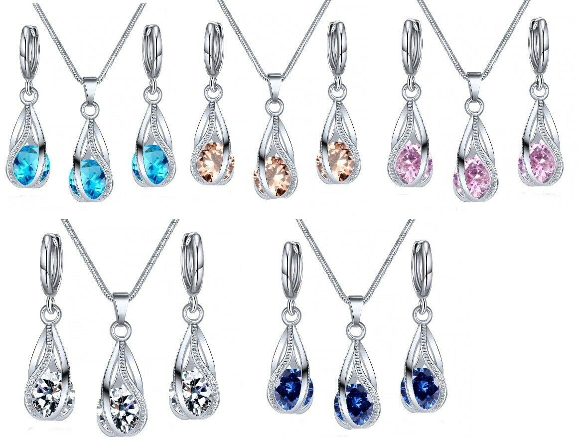Silver Twirl Ball Water Drop Crystal Earrings & Necklace Set