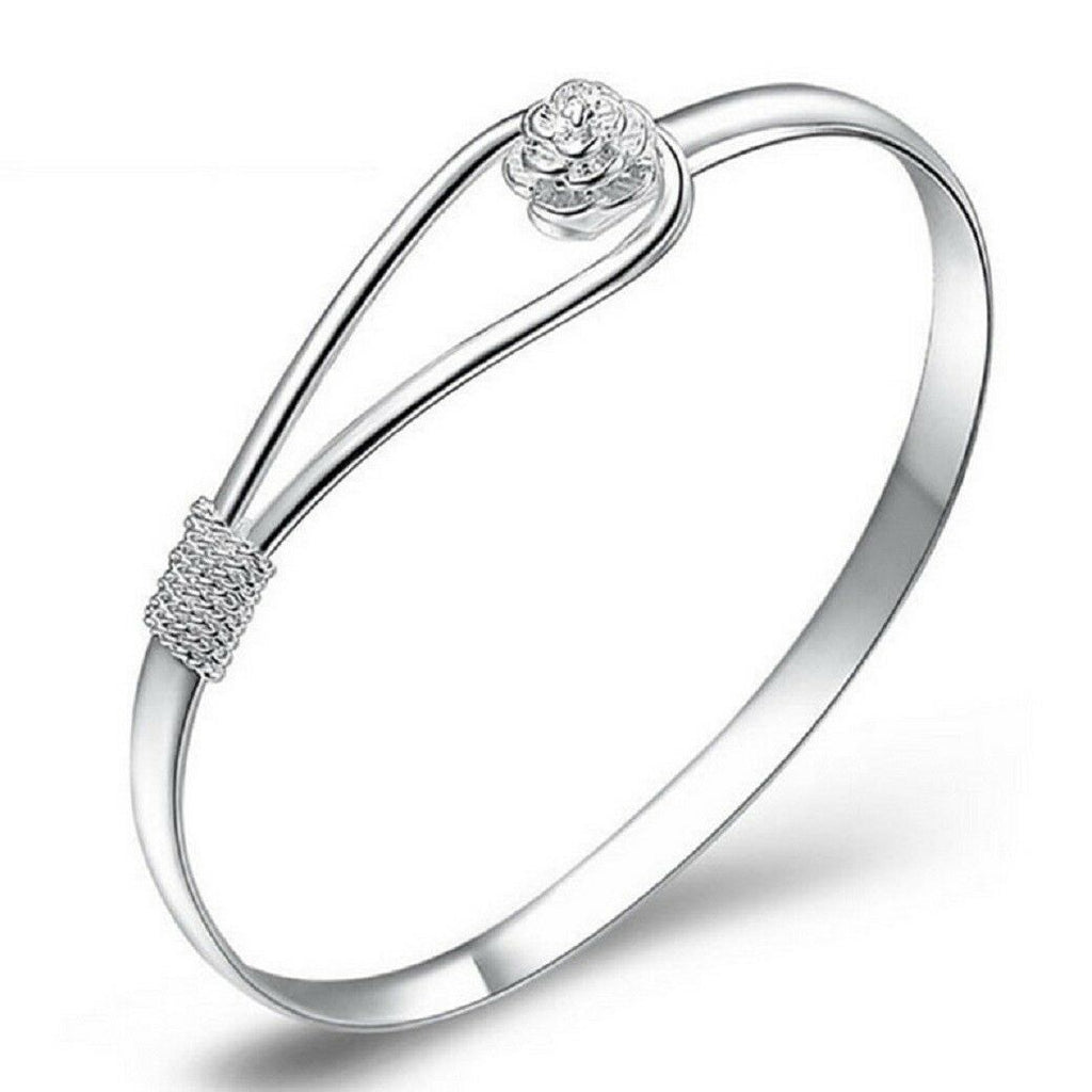 Elegant 925 Sterling Silver Clip On Floral Hook Style Bangle