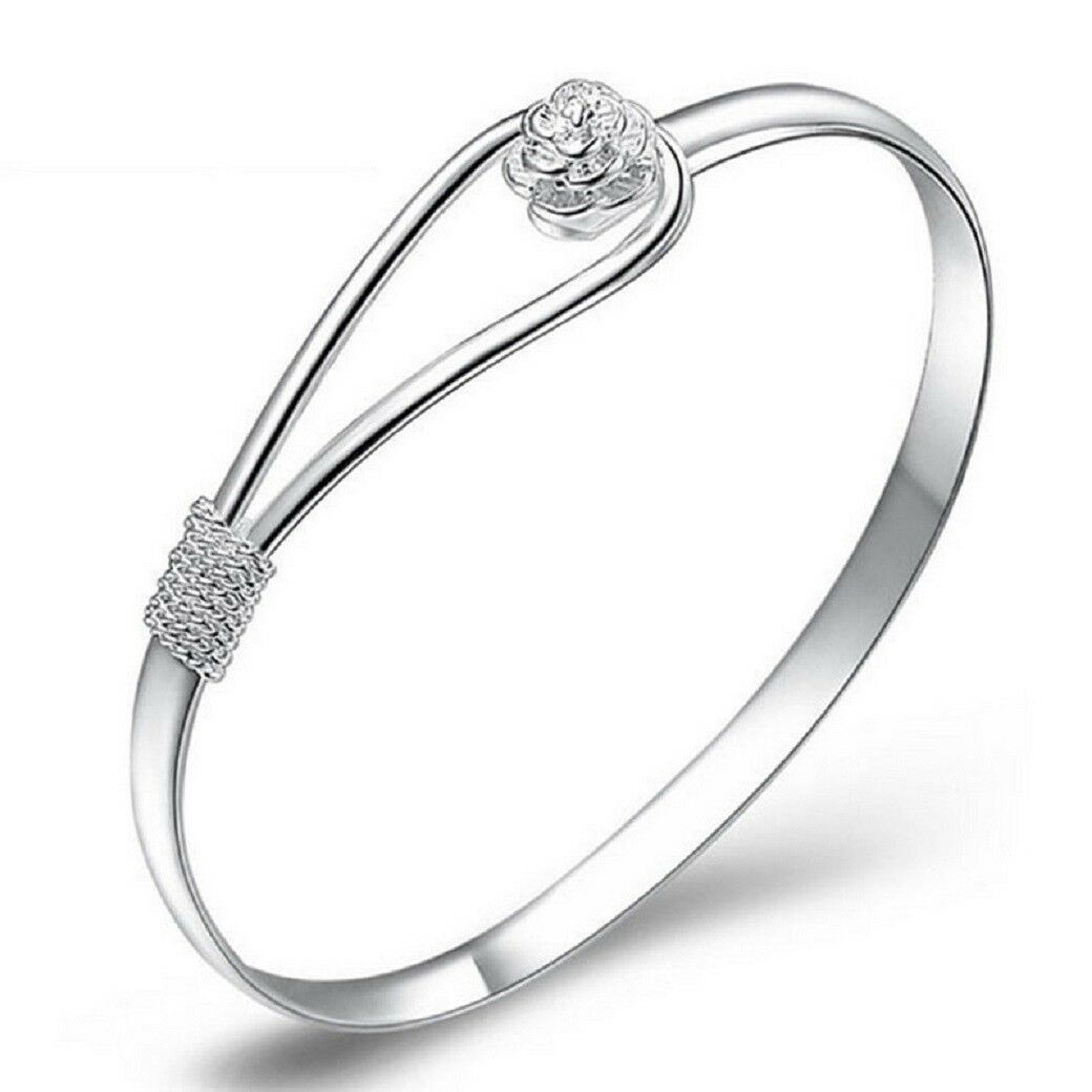 Elegant 925 Sterling Silver Clip On Floral Hook Style Bangle
