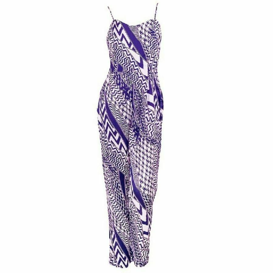 Purple Geometric Print Strappy Jumpsuit