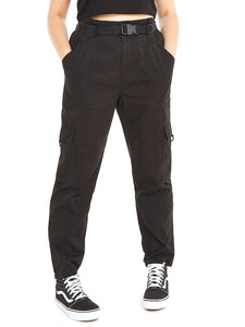 Ladies Black Belted Cotton Cargo Pockets Straight Leg Trousers