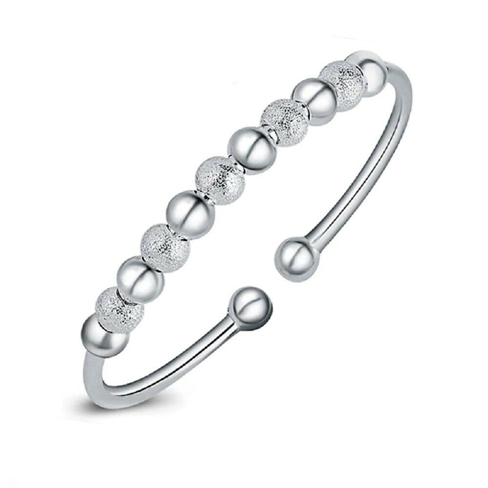 Ladies 925 Sterling Silver Lucky Ball Beads Open Cuff Charms Bangle Bracelet