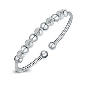 Ladies 925 Sterling Silver Lucky Ball Beads Open Cuff Charms Bangle Bracelet