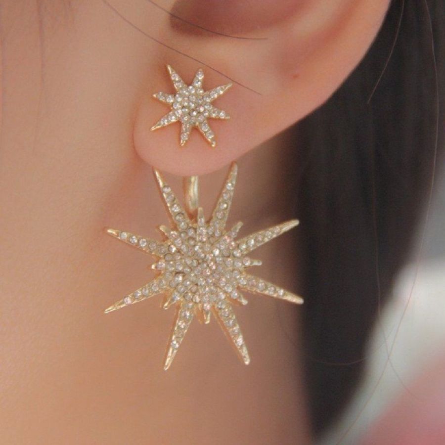 Ladies Crystal Rhinestone Big Double Six-pointed Star Earrings