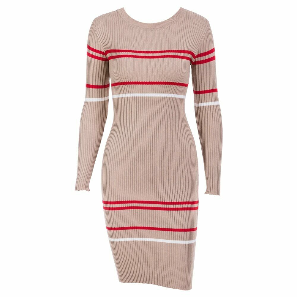Beige Multi Contrast Stripe Ribbed Knitted Longsleeve Dress