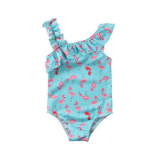 Load image into Gallery viewer, Girls Blue Flamingo Frill Shoulder Straps All In One Swimming Costume
