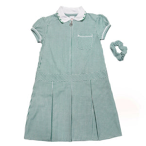 Girls Green Heart Print Collar Gingham Check School Dress + Hair Bobble