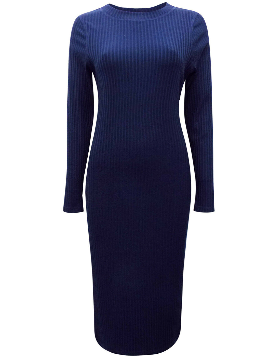 Navy Ribbed Round Neck Ribbed Knitted Dress