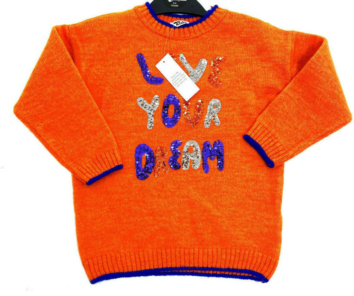 Girls Orange Sequin Love Your Dream Soft Knitted Jumper